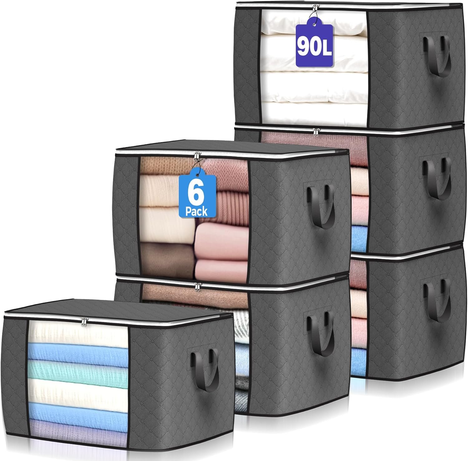 Budding Joy 90L storage bags 6-pack foldable gray closet organizers